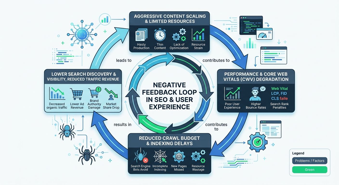 Flowchart showing the negative feedback loop between content scaling, CWV degradation, reduced crawl budget, and slower indexing of new content, with each node connected in a circular dependency