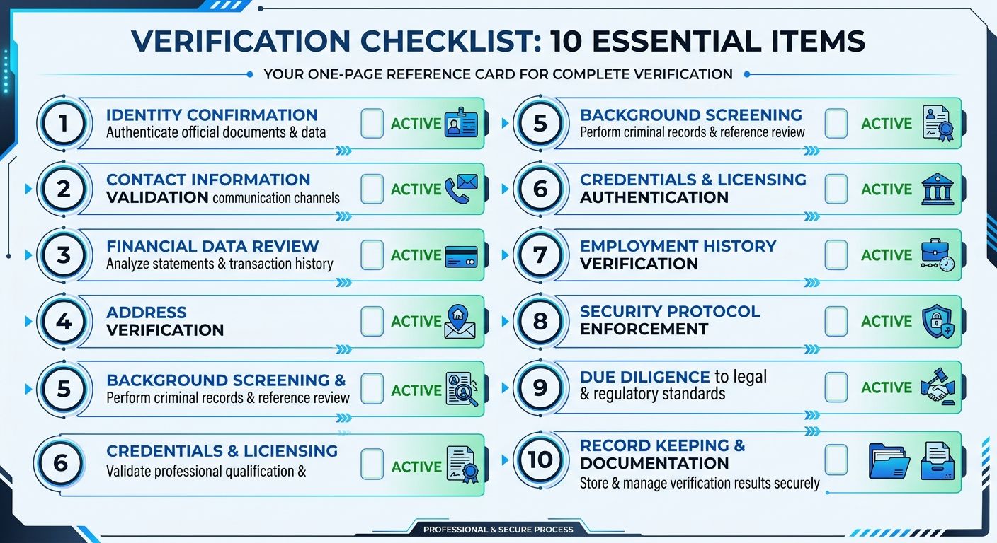 A checklist-style visual showing the 10 verification items as a printable one-page reference card, with checkboxes next to each item and brief descriptions