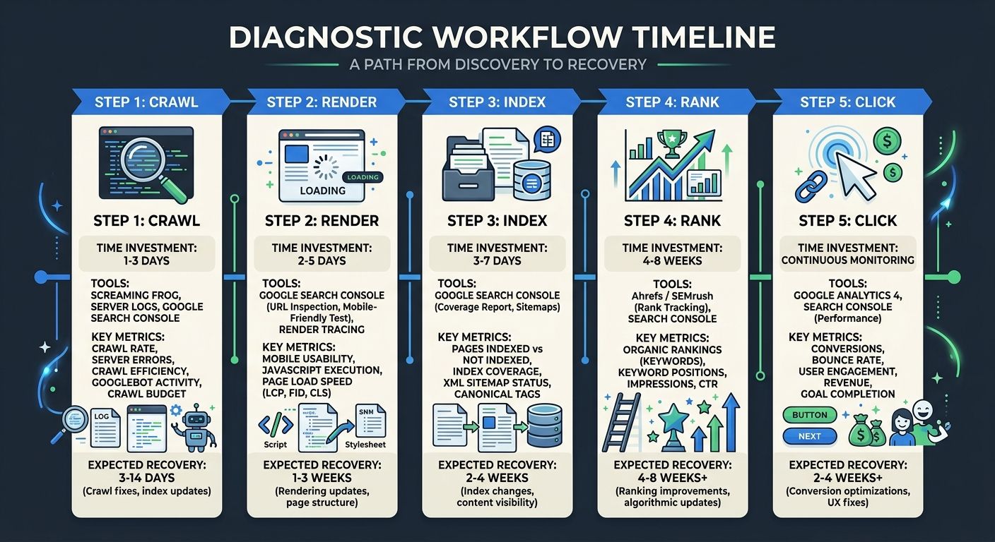 An infographic showing a 5-step diagnostic workflow timeline. Each step (Crawl, Render, Index, Rank, Click) shows estimated time investment, specific tools used (Google Search Console, Screaming Frog,