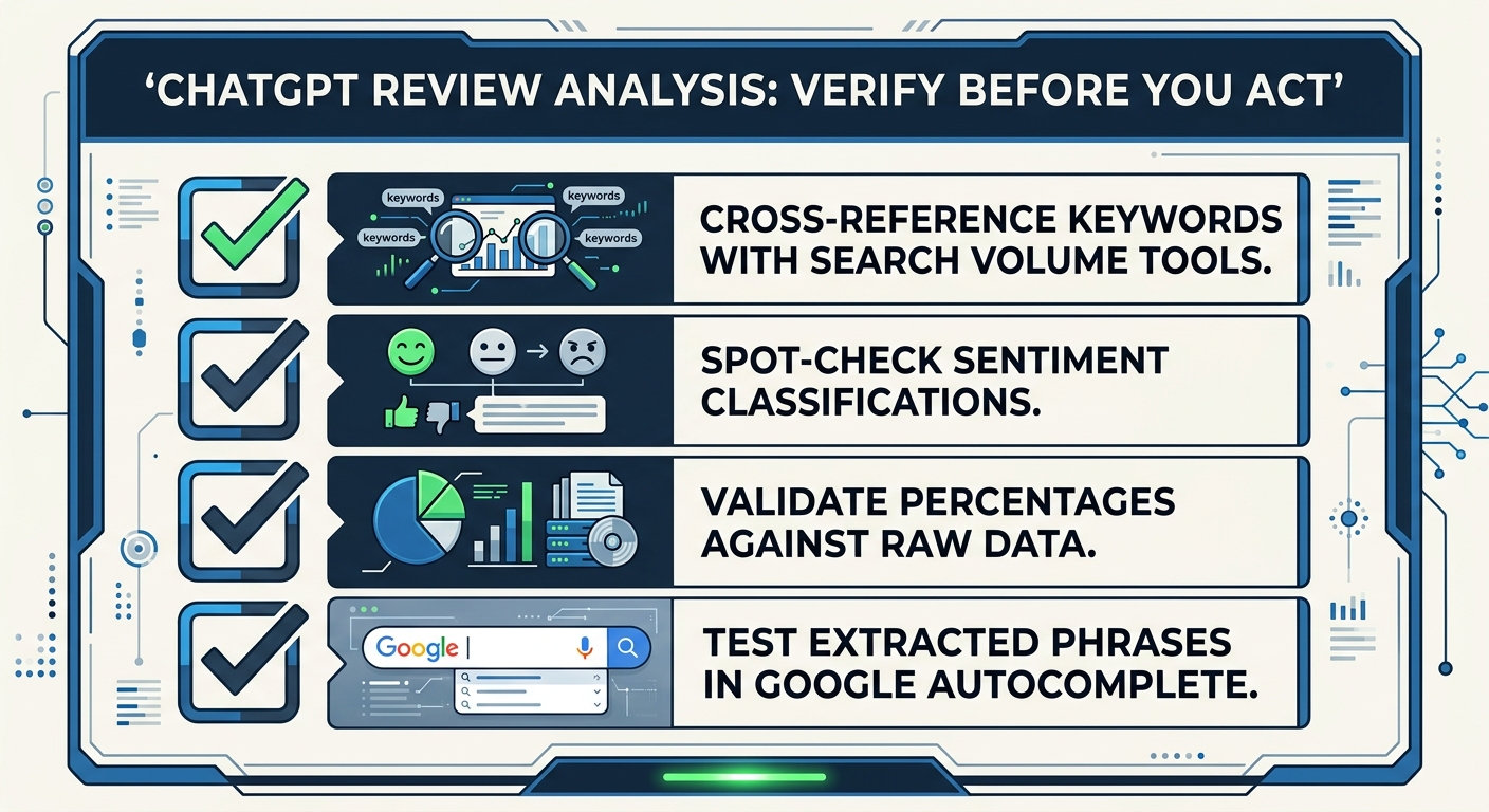 A checklist-style visual showing "ChatGPT Review Analysis: Verify Before You Act" with items like "Cross-reference keywords with search volume tools," "Spot-check sentiment classifications," "Validate