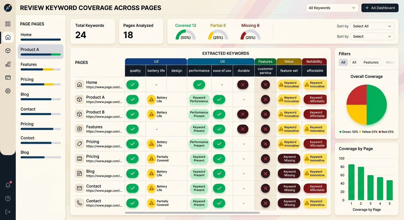A dashboard-style visualization showing extracted review keywords mapped to website pages, with color-coded indicators showing which keywords are present on existing pages (green), missing from pages 