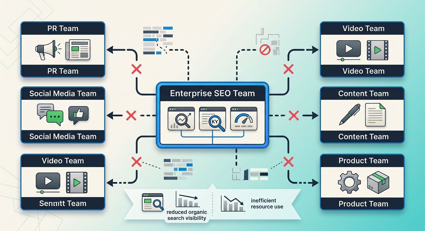 An organizational chart showing an enterprise SEO team in the center with broken connection lines to PR, social media, video, content, and product teams, illustrating the silo problem that undermines 