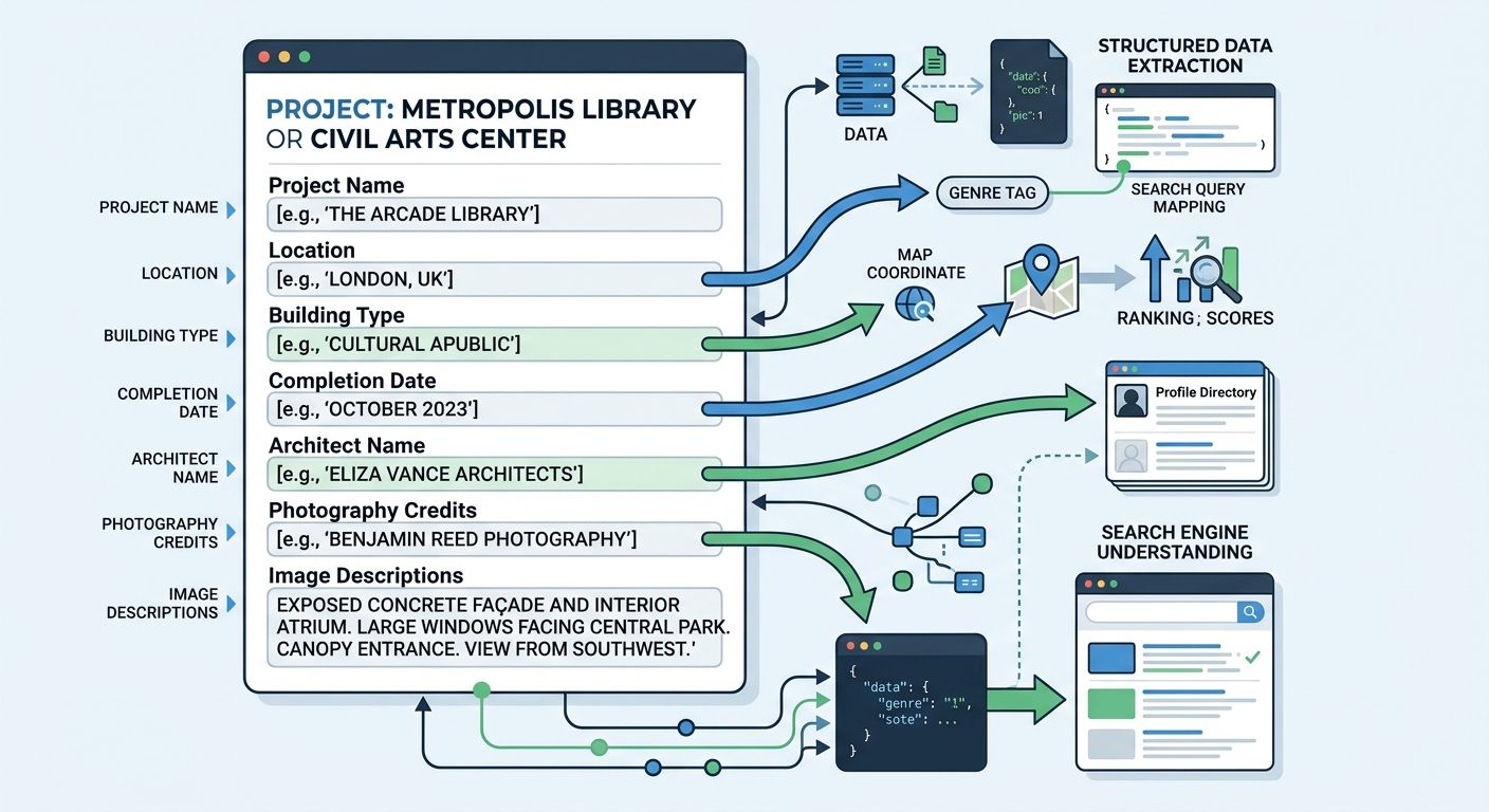 A visual representation of structured data for an architecture portfolio project, showing labeled fields arranged in a clean card layout — project name, location, building type, completion date, archi