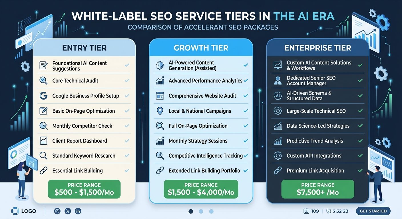 A comparison table showing three service tier packages for white-label SEO in the AI era, with columns for Entry, Growth, and Enterprise tiers listing included services and price ranges