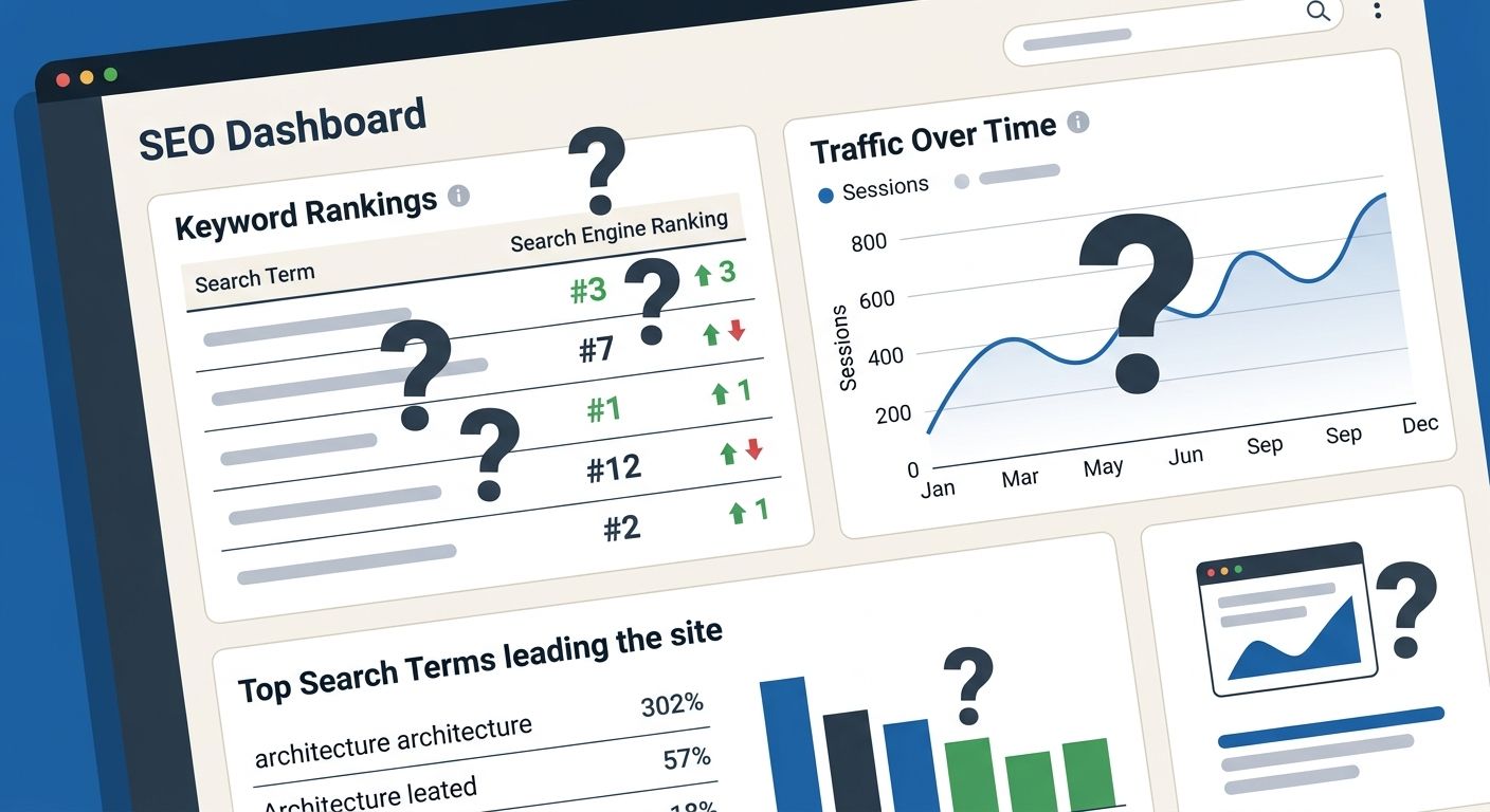 illustration of a traditional SEO dashboard showing keyword rankings and traffic graphs with question marks overlaid, representing the gap between rankings and actual business outcomes for architectur