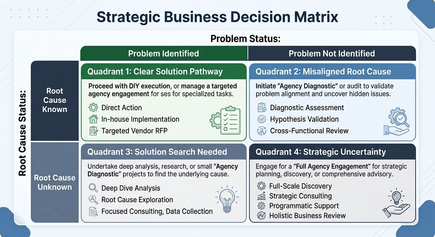 A decision matrix table showing four quadrants based on two axes - "Problem Identified vs. Not Identified" and "Root Cause Known vs. Unknown" with recommended actions (DIY, Agency Diagnostic, Full Age