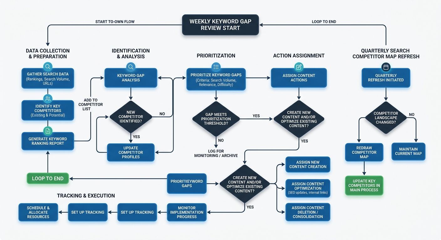Flowchart showing a weekly keyword gap review process with decision points for new competitor identification, gap prioritization, content action assignment, and quarterly search competitor map refresh
