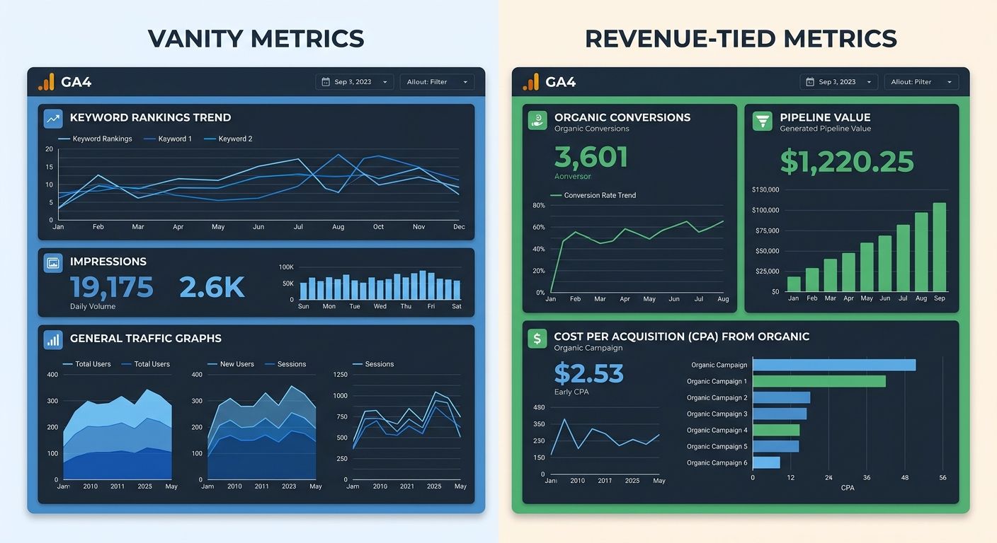 Side-by-side comparison dashboard showing vanity metric reporting (keyword rankings, impressions, general traffic graphs) versus revenue-tied reporting (organic conversions, pipeline value, cost per a