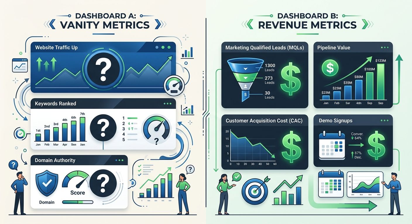 An infographic comparing two agency reporting dashboards side by side - one showing vanity metrics (traffic up, keywords ranked, domain authority) with question marks, and another showing revenue metr