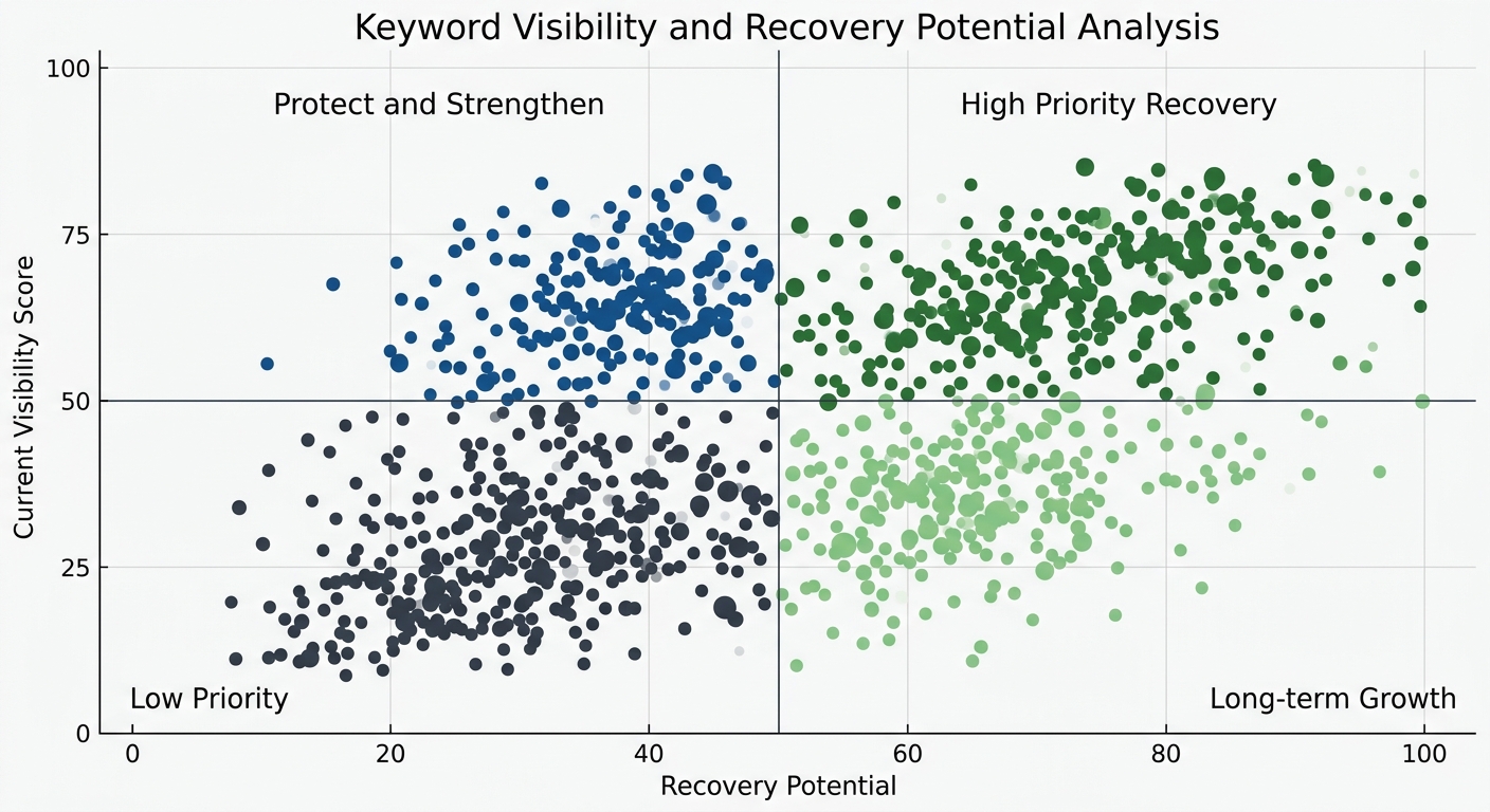 A scatter plot visualization showing keywords plotted by current visibility score on the Y-axis and recovery potential on the X-axis, with four quadrants labeled: protect and strengthen, high priority