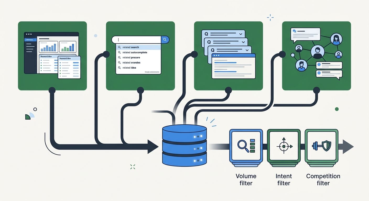 A workflow diagram showing four keyword research channels (keyword tools, Google autocomplete, People Also Ask, online communities) feeding into a central comparison keyword database, with filtering s