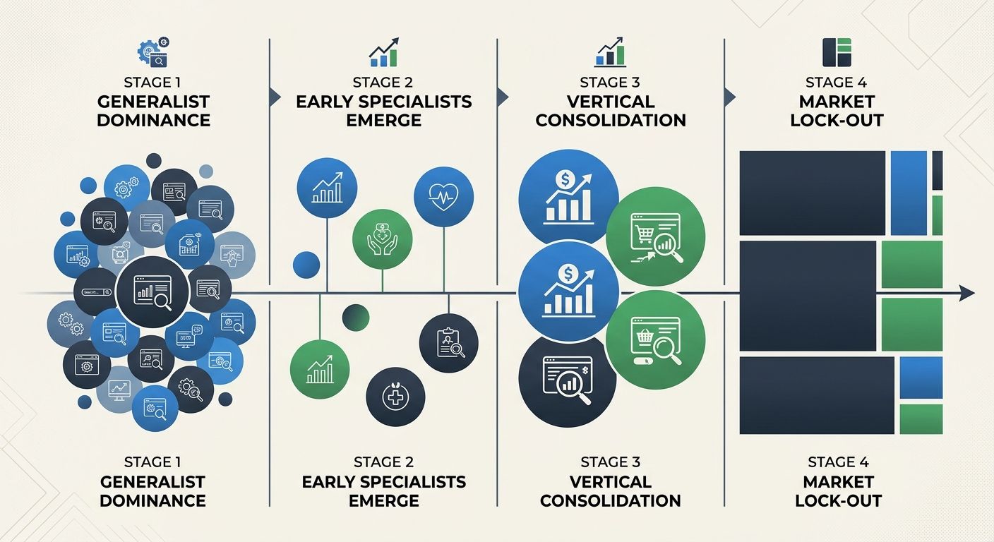 A timeline graphic showing the stages of vertical SEO agency consolidation from left to right: Stage 1 labeled "generalist dominance" with many overlapping circles, Stage 2 labeled "early specialists 