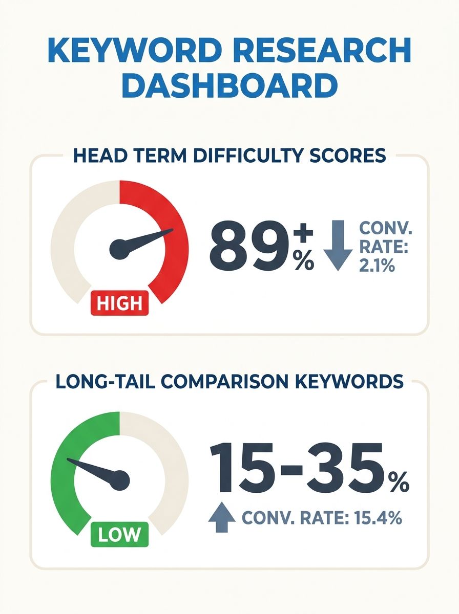 A keyword research dashboard showing a comparison between head term difficulty scores (all red/high) and long-tail comparison keyword difficulty scores (mostly green/low), with conversion rate percent