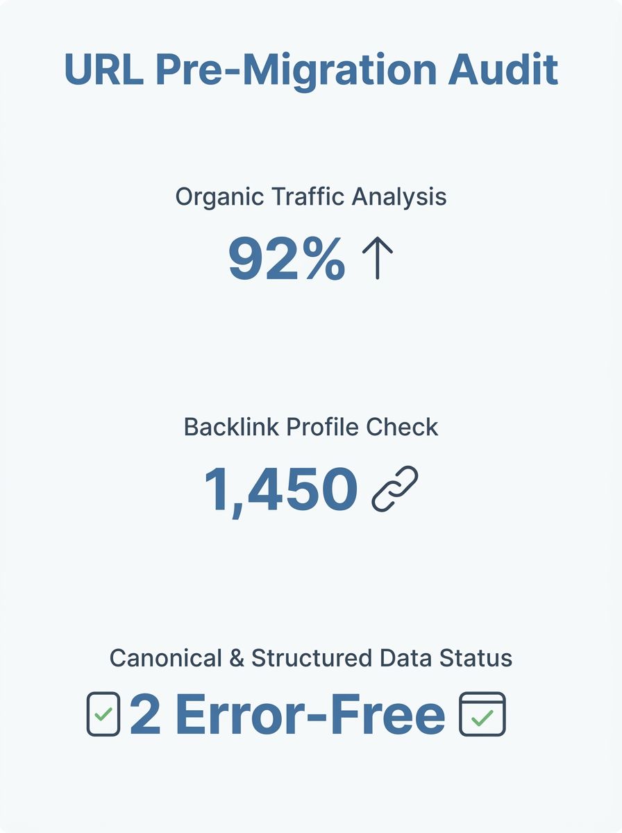 a detailed spreadsheet view showing URL-by-URL pre-migration audit data including columns for organic traffic, backlinks, canonical tags, and structured data status