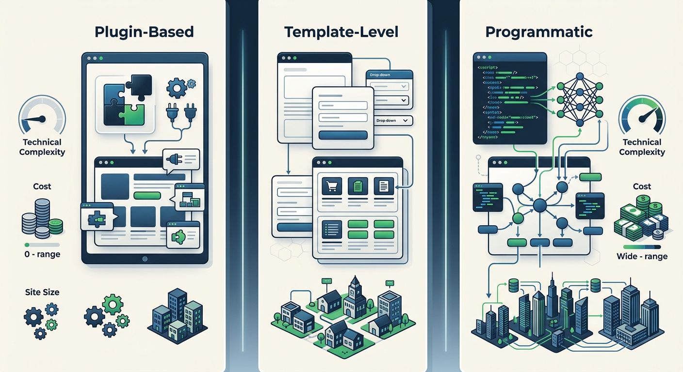 Side-by-side comparison of three website architectures showing plugin-based, template-level, and programmatic schema implementations with visual indicators of complexity, cost range, and recommended s