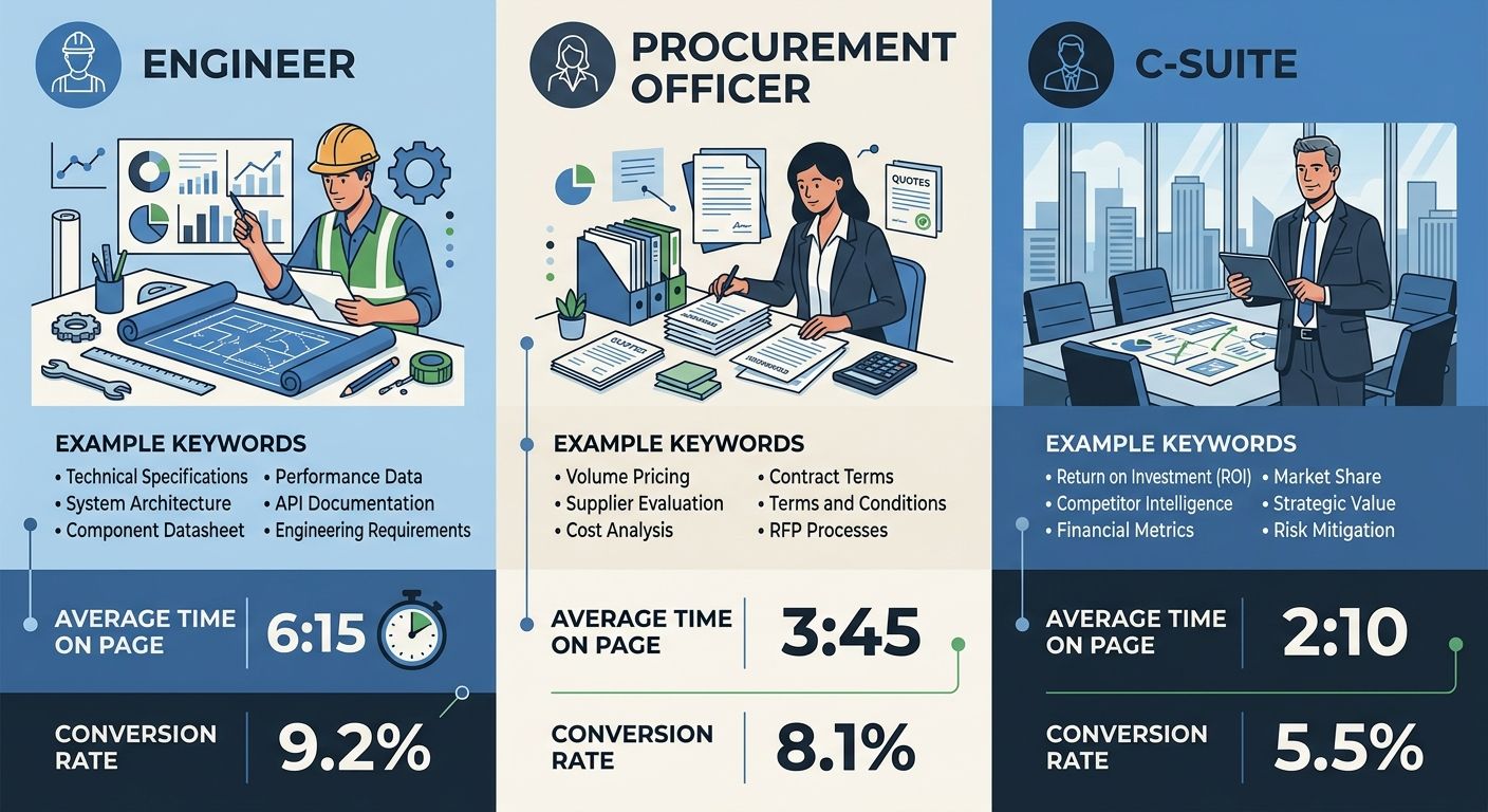 A three-column layout showing three buyer personas (Engineer, Procurement Officer, C-Suite) with example keywords, average time on page, and conversion rates listed under each persona