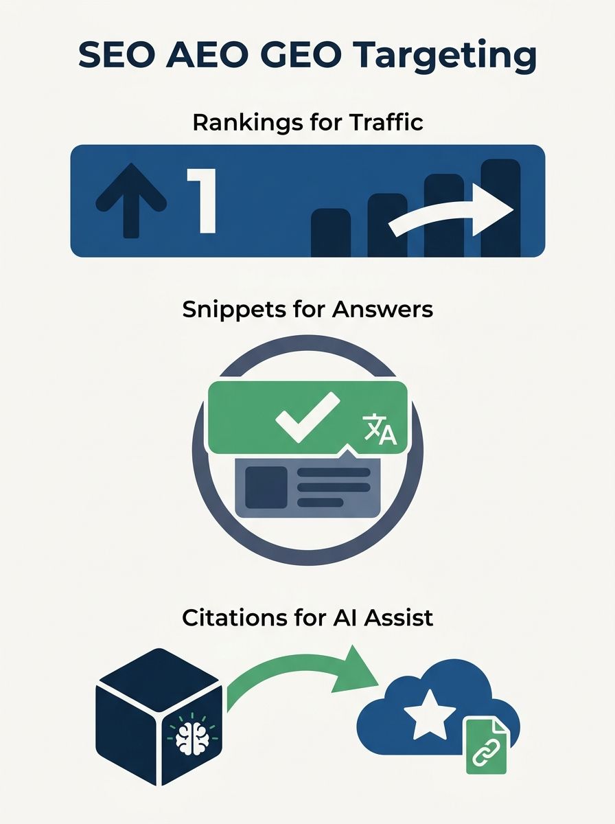 Three-column comparison chart showing SEO targeting rankings, AEO targeting snippets, and GEO targeting AI citations