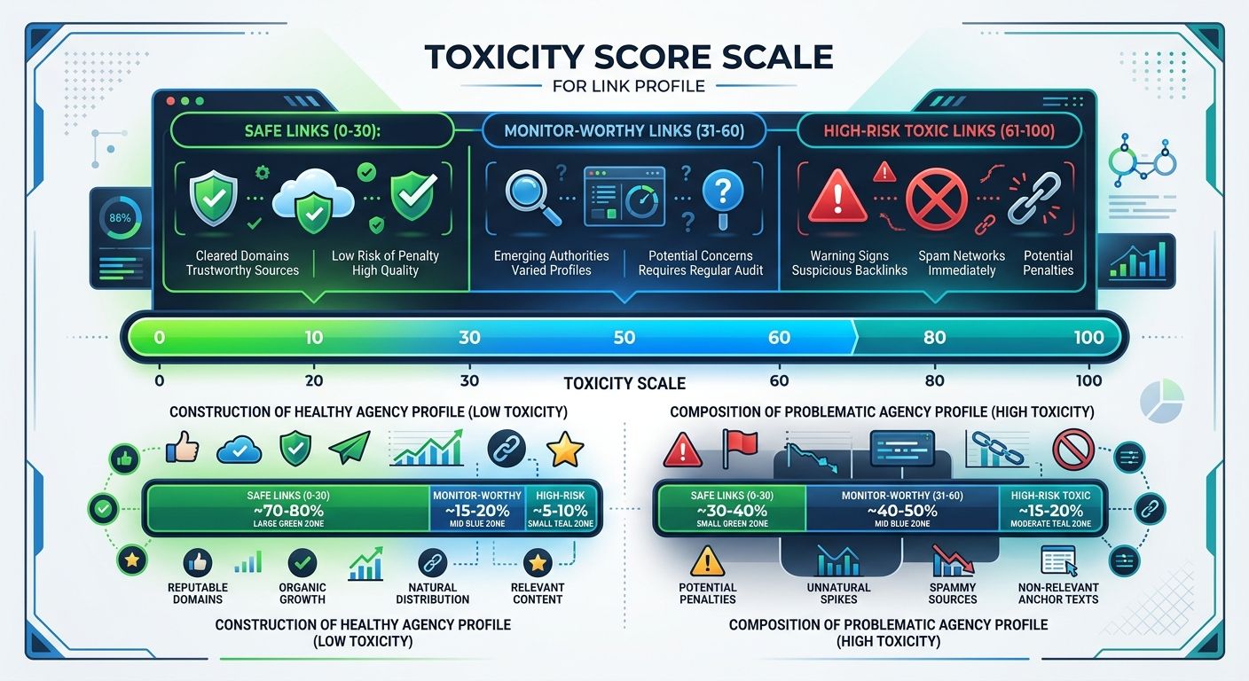infographic showing a toxicity score scale from 0 to 100 with labeled zones for safe links (0-30), monitor-worthy links (31-60), and high-risk toxic links (61-100), with percentage benchmarks for heal