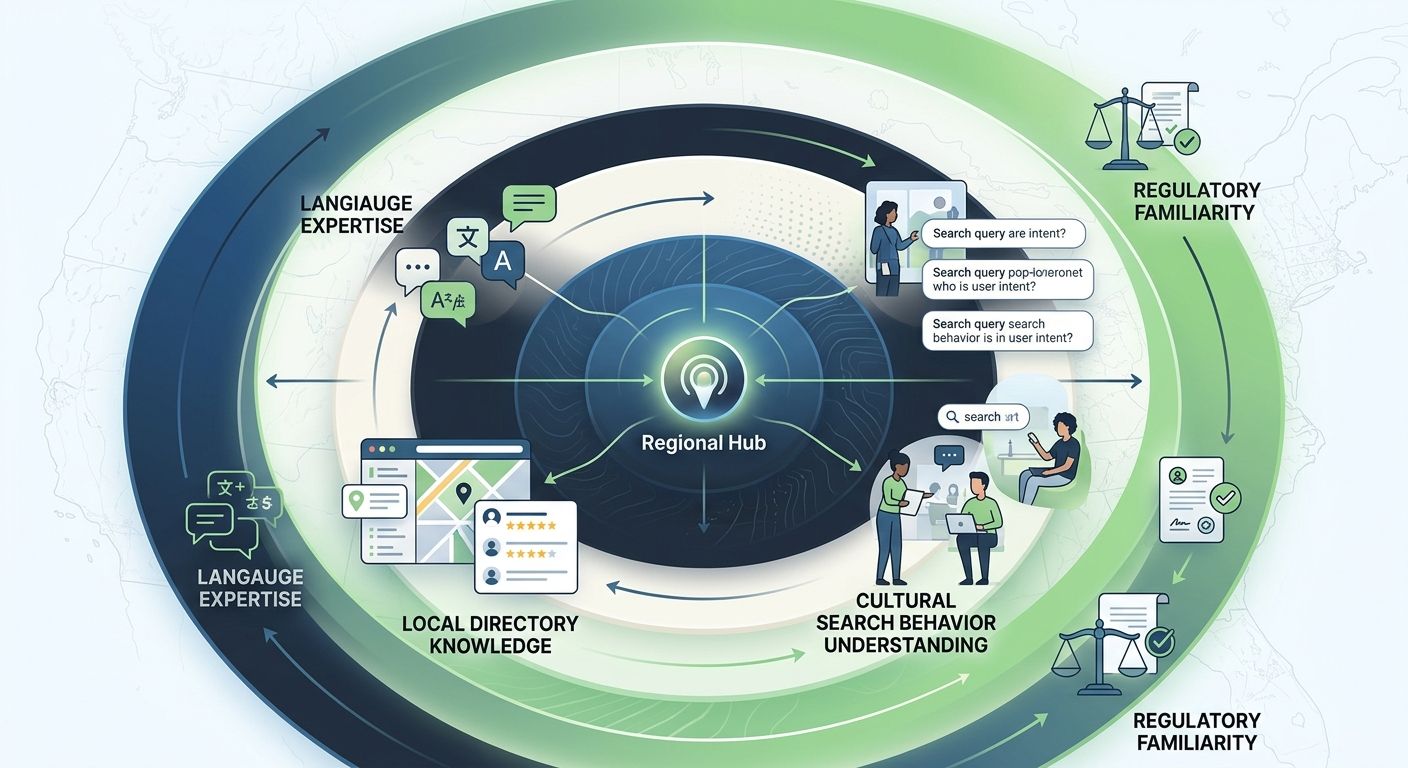 Map visualization showing concentric rings of geotargeted SEO depth radiating from a regional hub, with labels for language expertise, local directory knowledge, cultural search behavior understanding