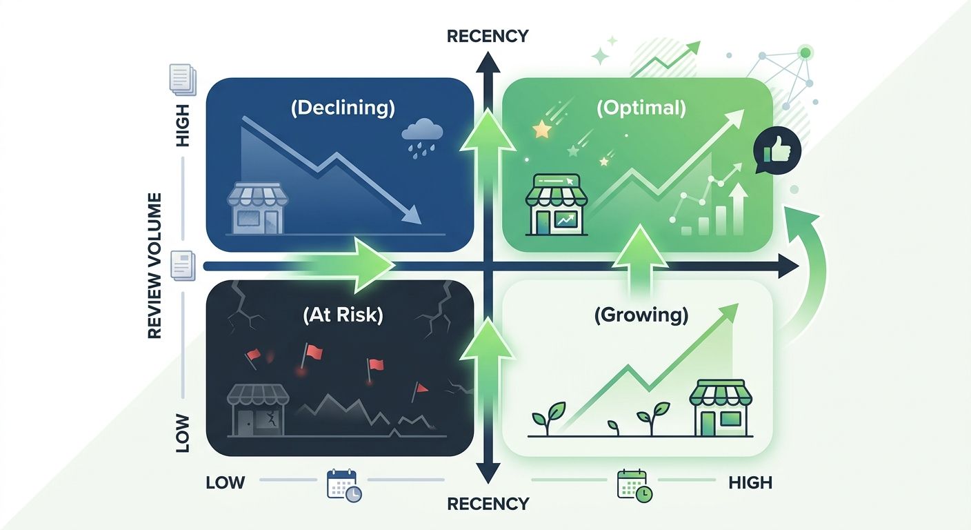 illustration of a review volume vs. recency matrix with four quadrants - high volume/high recency (optimal), high volume/low recency (declining), low volume/high recency (growing), low volume/low rece