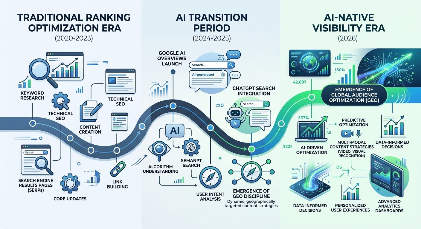 timeline infographic showing the evolution of enterprise SEO from traditional ranking optimization era (2020-2023) through the AI transition period (2024-2025) to the current AI-native visibility era