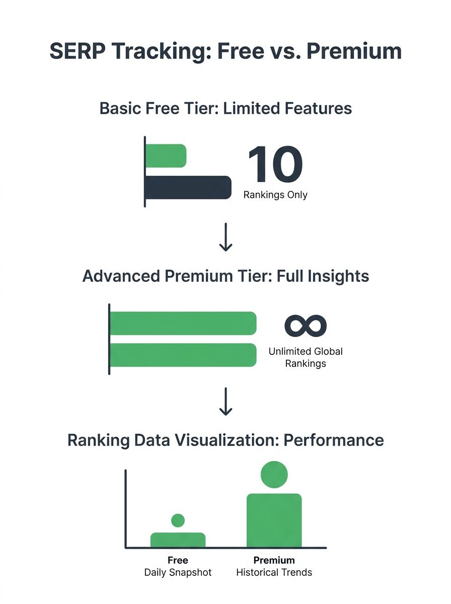 Dashboard comparison showing SERP tracking tool interfaces across free and premium tiers with ranking data visualization