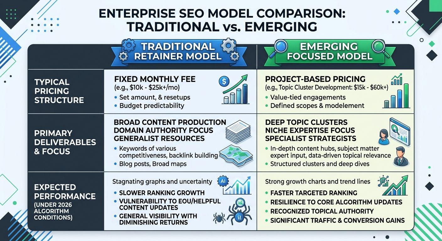 A side-by-side comparison table showing two enterprise SEO agency models — the traditional retainer model (fixed monthly fee, broad content production, domain authority focus) versus the emerging mode