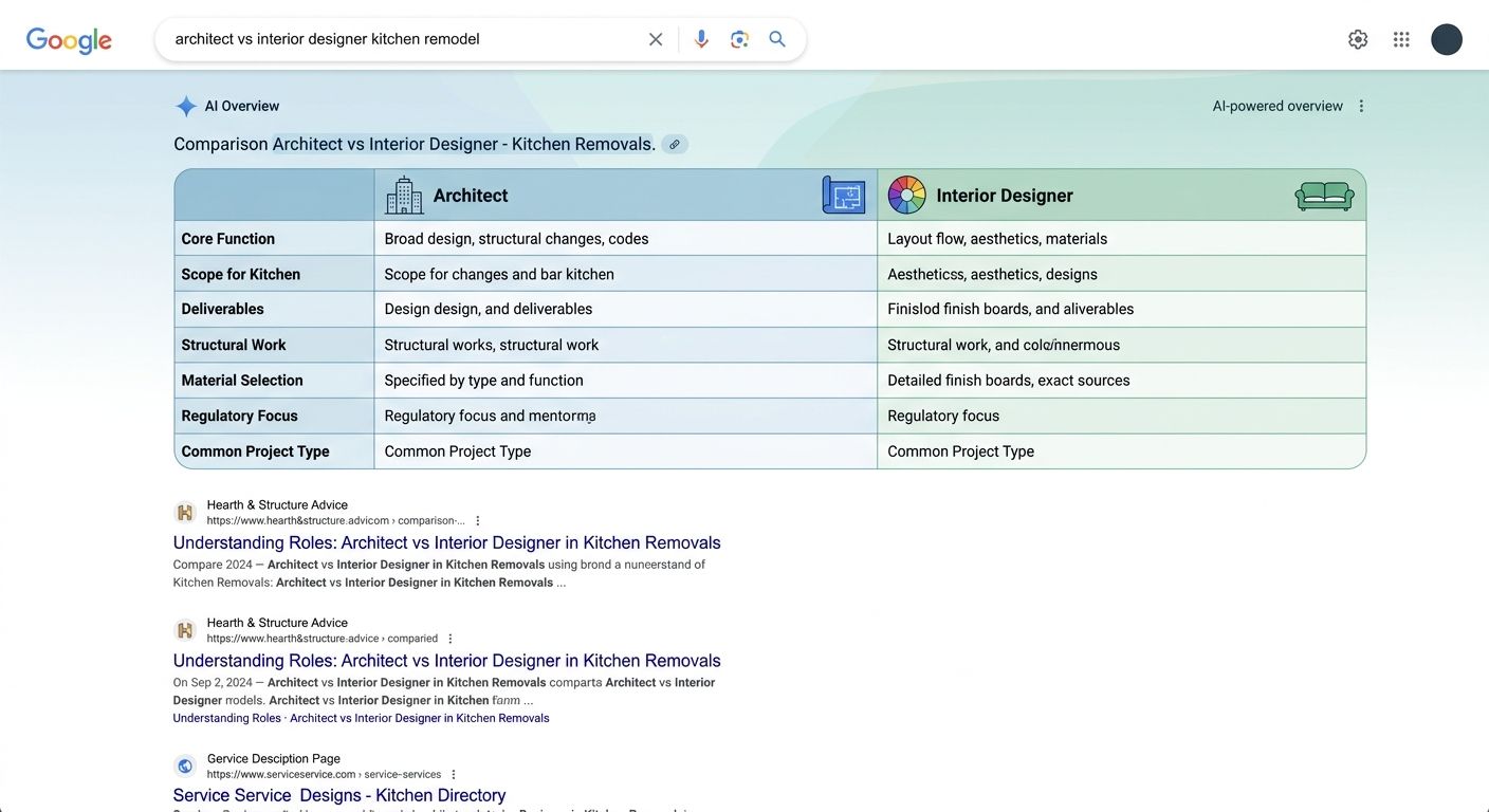Screenshot-style illustration showing a Google search results page for "architect vs interior designer kitchen remodel" with an AI Overview box at the top containing a structured comparison, followed 