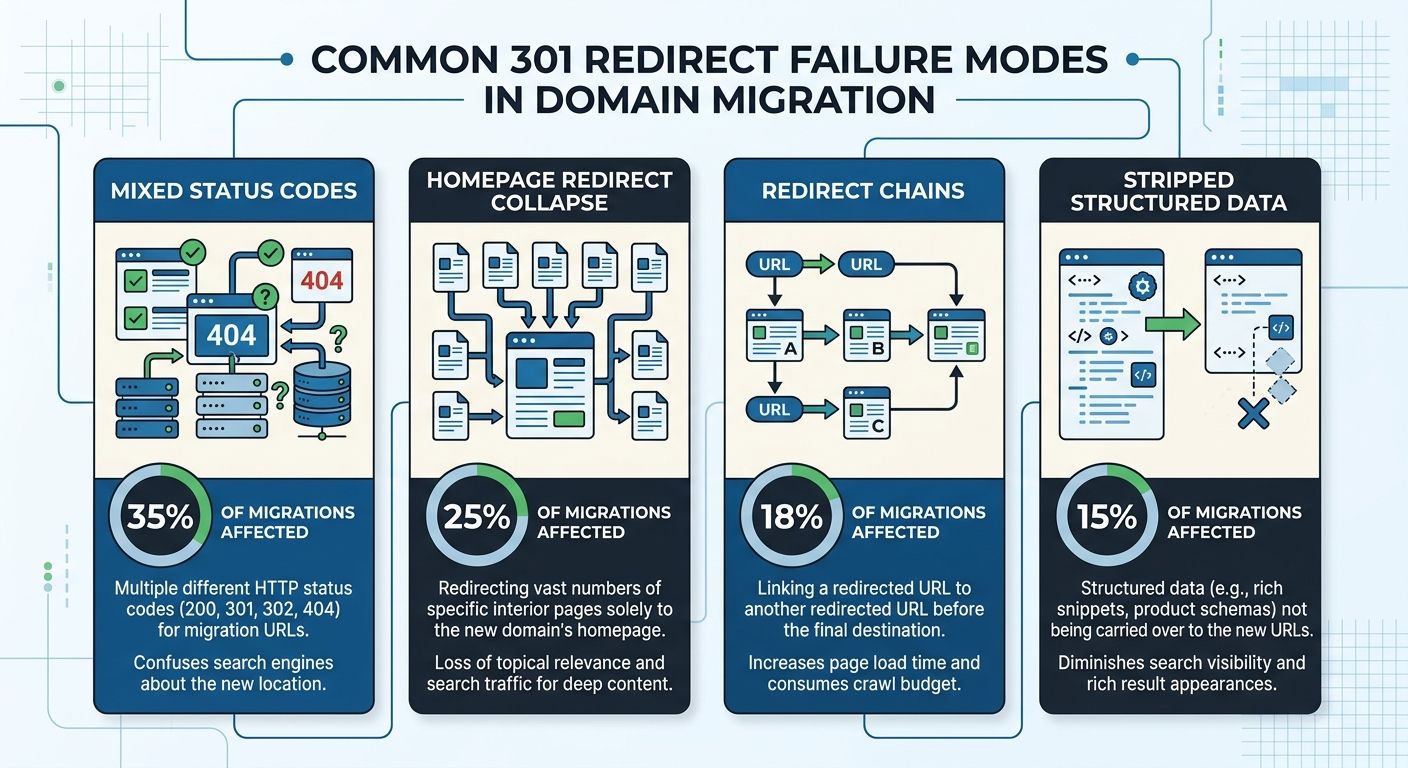 an infographic showing four common 301 redirect failure modes during domain migration: mixed status codes, homepage redirect collapse, redirect chains, and stripped structured data, with the percentag