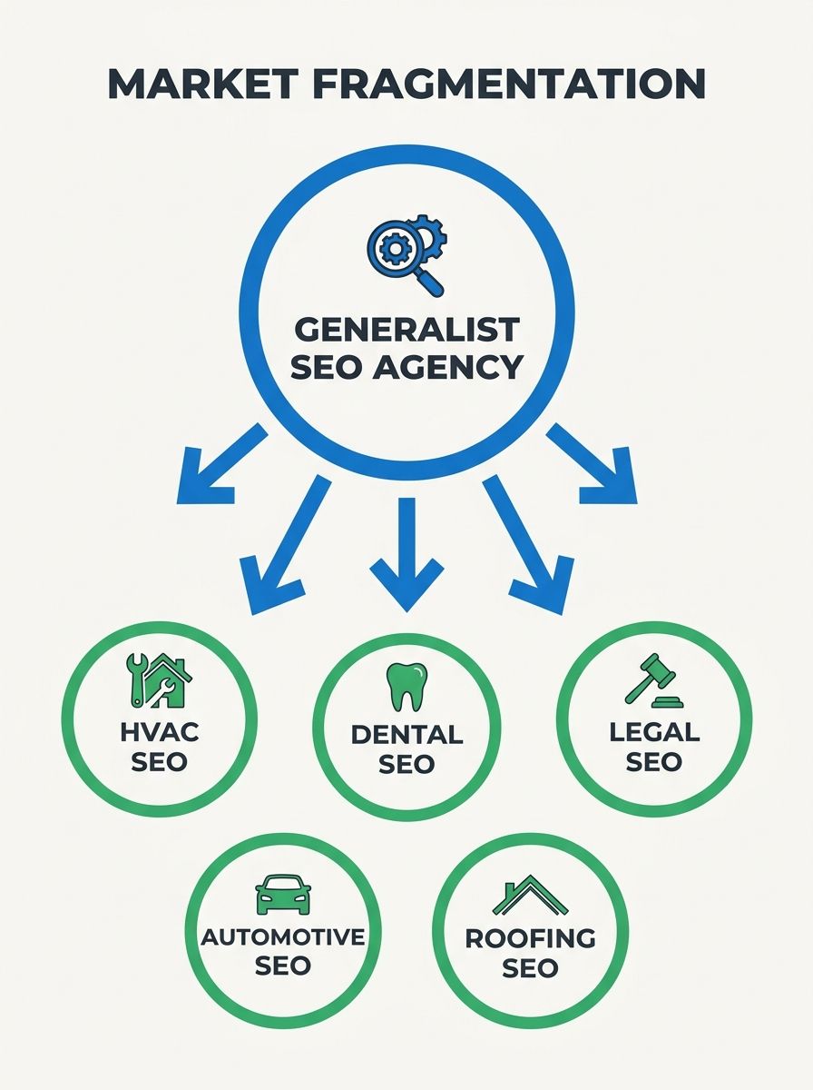 A diagram showing one large circle labeled "generalist SEO agency" fragmenting into five smaller circles, each labeled with a vertical niche like HVAC, dental, legal, automotive, and roofing, with arr