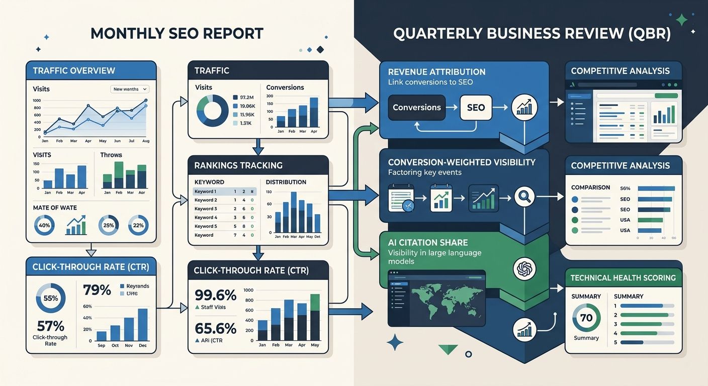 an infographic comparing a monthly SEO report structure versus a quarterly business review structure, showing the monthly report focused on traffic, rankings, and CTR on the left, while the quarterly 