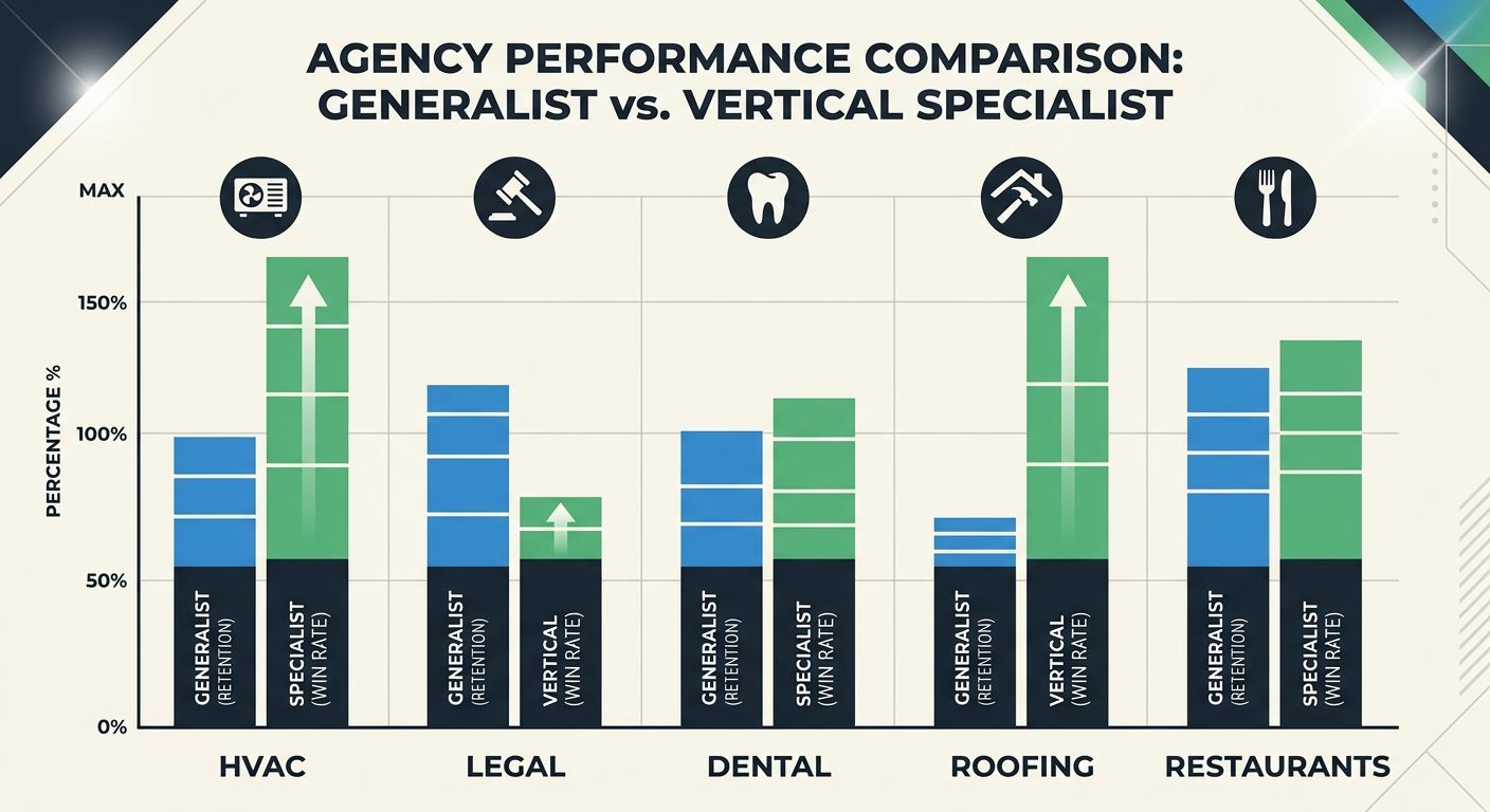 A bar chart infographic showing five vertical industries (HVAC, legal, dental, roofing, restaurants) with stacked bars comparing generalist agency client retention rates versus vertical specialist win