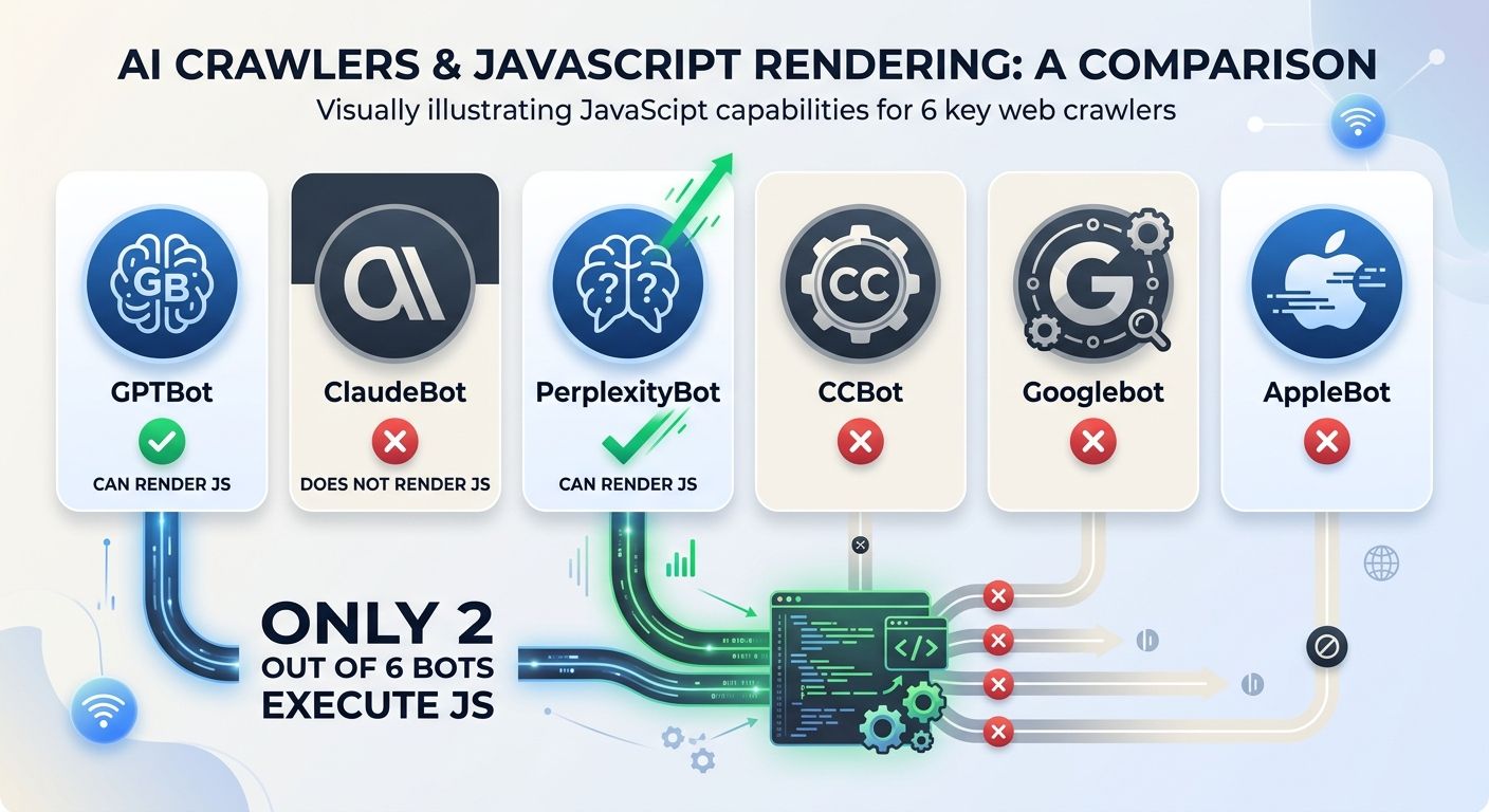 An infographic showing six major AI crawler logos (GPTBot, ClaudeBot, PerplexityBot, CCBot, Googlebot, AppleBot) with checkmarks or X marks indicating which ones can render JavaScript, with a clear vi