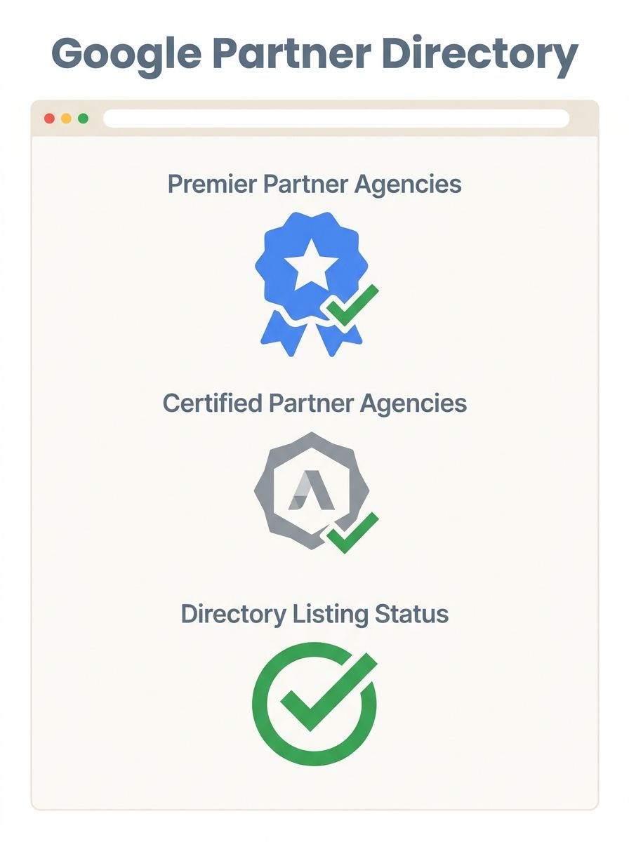 A browser window showing Google's Partner directory search interface with verification checkmarks and status indicators for different agency tiers