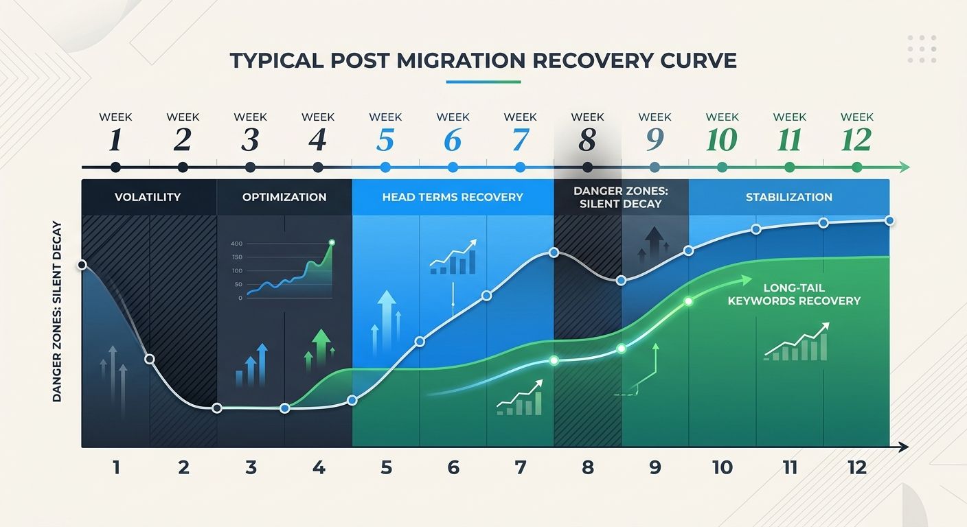 a timeline visualization showing the typical post-migration recovery curve over 12 weeks, with markers for when head terms recover versus long-tail keywords, and danger zones where silent decay occurs