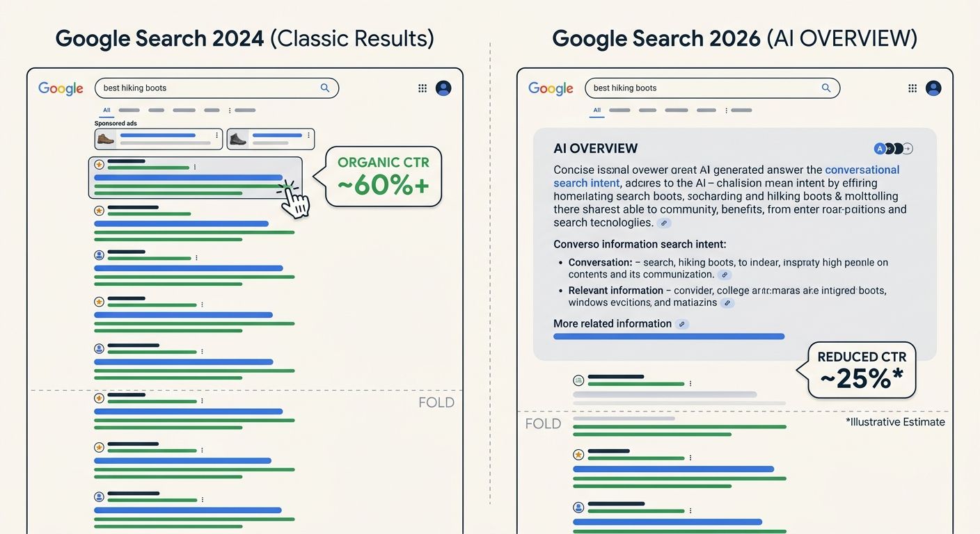 Side-by-side comparison of a Google search results page from 2024 showing traditional blue links at the top versus a 2026 SERP with an AI Overview pushing organic results below the fold, with CTR impa