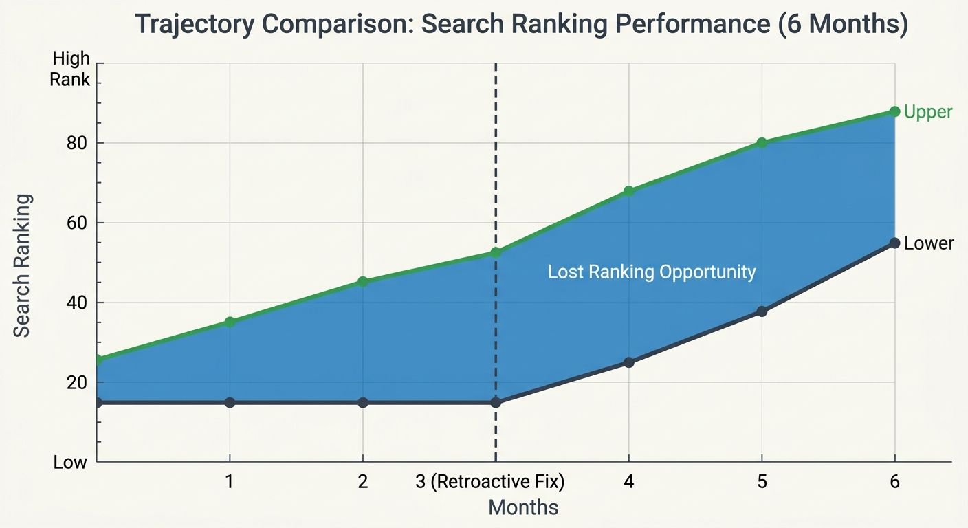 A line graph comparing two trajectories over 6 months — one line showing ranking performance of pages published with proper pre-publication technical checks (steady upward curve) and another showing p