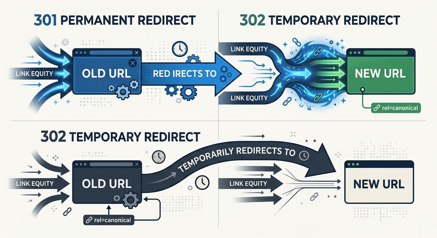 a visual diagram showing the difference between a 301 permanent redirect correctly passing link equity versus a 302 temporary redirect that retains the old URL as canonical