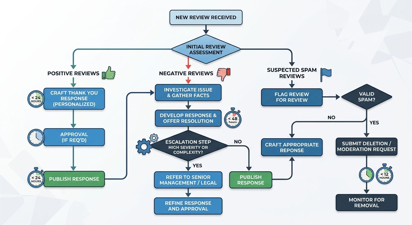 A workflow diagram showing a review response process with branching paths for positive reviews, negative reviews, and suspected spam reviews, including response time targets and escalation steps