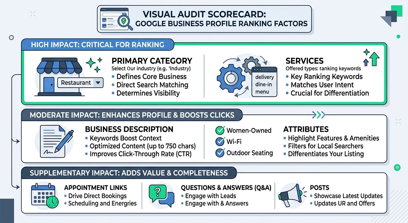 A visual audit scorecard showing Google Business Profile fields arranged in tiers by ranking impact — primary category and services in a top tier labeled high impact, business description and attribut