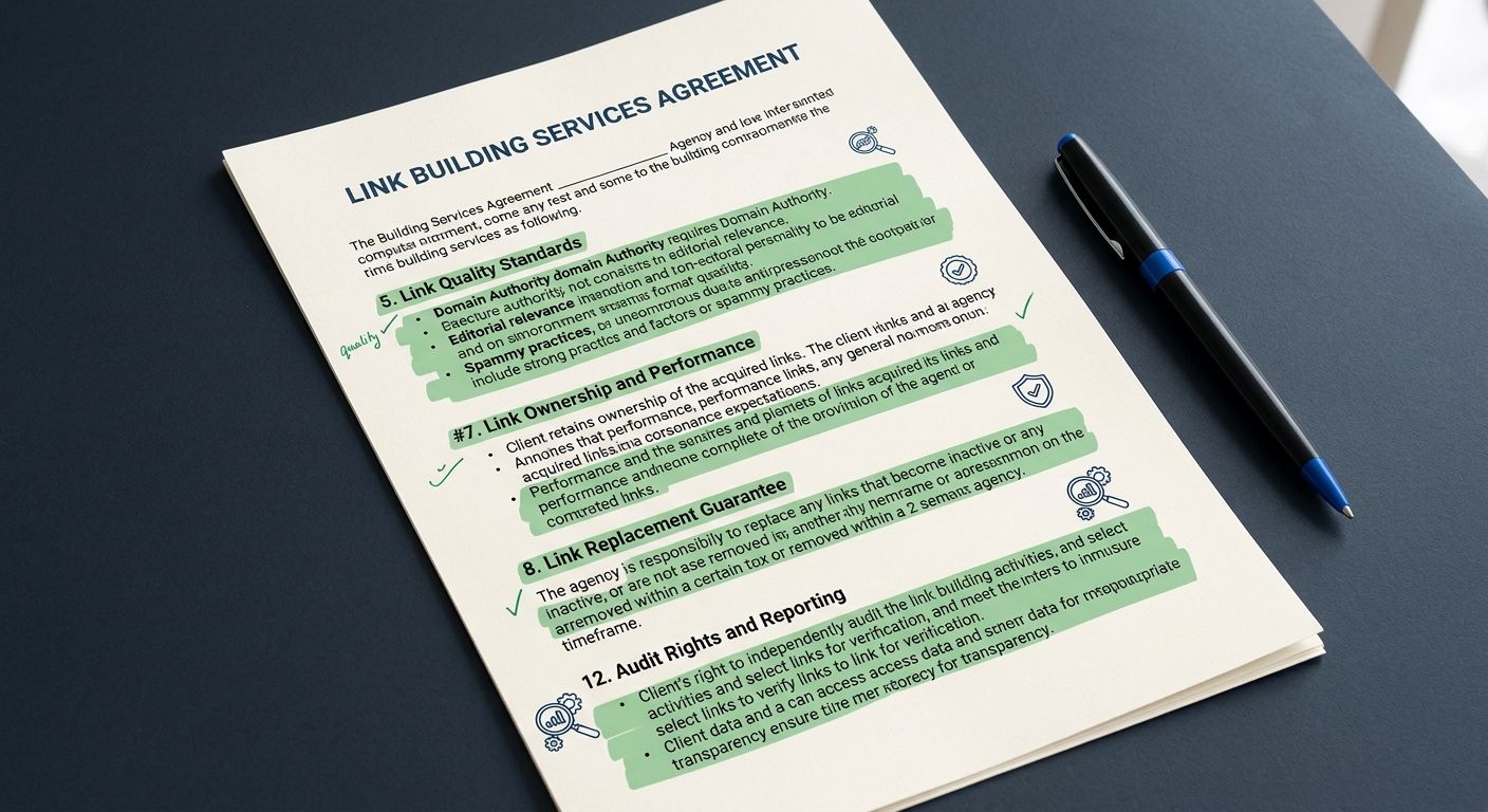 a contract document with highlighted sections showing key link building clauses including quality standards, link ownership terms, replacement guarantees, and independent audit rights