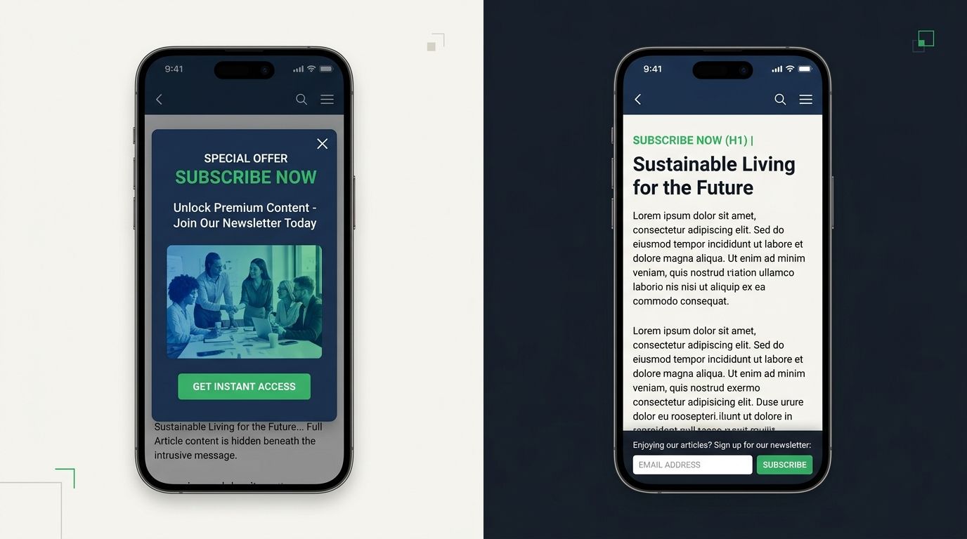 Side-by-side comparison of a mobile phone screen showing a full-screen intrusive pop-up blocking all content versus the same page with a small compliant banner at the bottom that does not obstruct rea