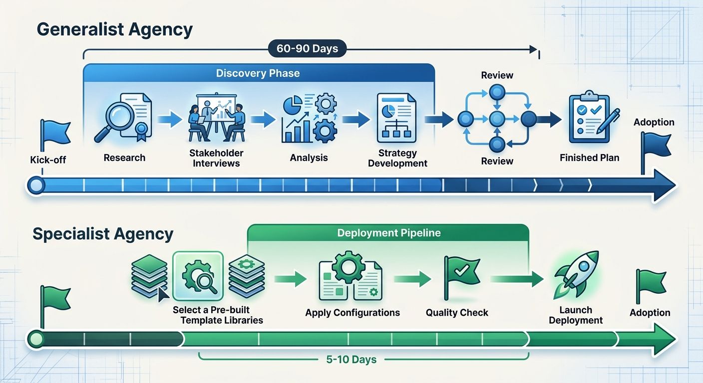 Diagram comparing client onboarding timelines between a generalist agency showing a 60-90 day discovery phase with multiple research steps, and a specialist agency showing a 5-10 day deployment pipeli