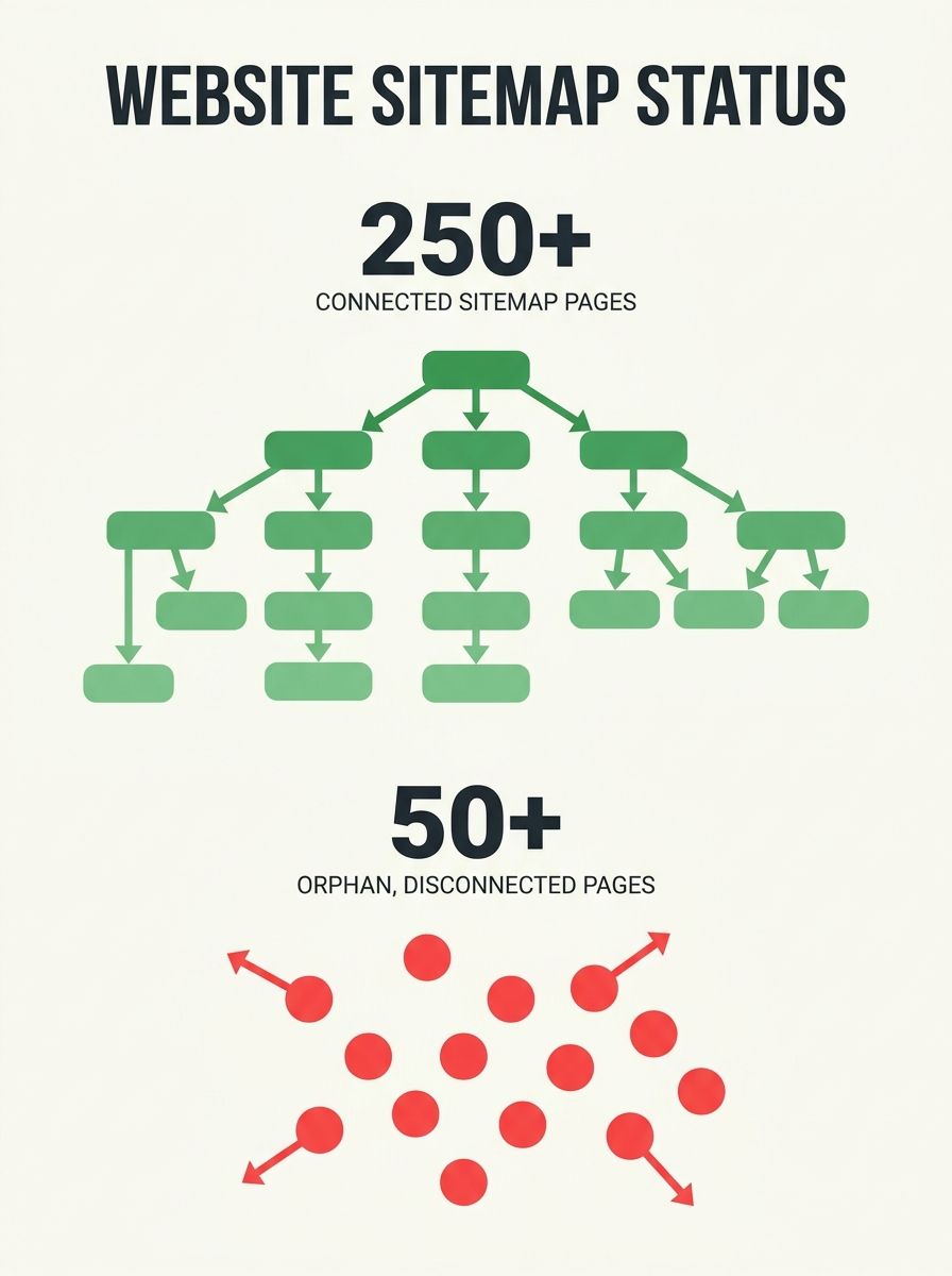A website sitemap visualization showing connected pages in green and orphan pages highlighted in red, floating disconnected from the main site structure