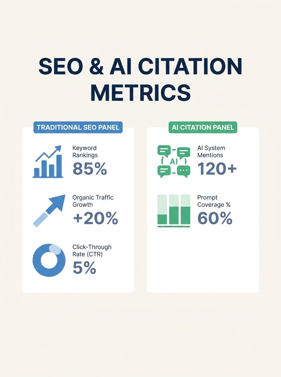 dashboard mockup showing side-by-side comparison of traditional SEO metrics panel (keyword rankings, organic traffic, CTR) versus an AI citation metrics panel (citation frequency across Google AI Over
