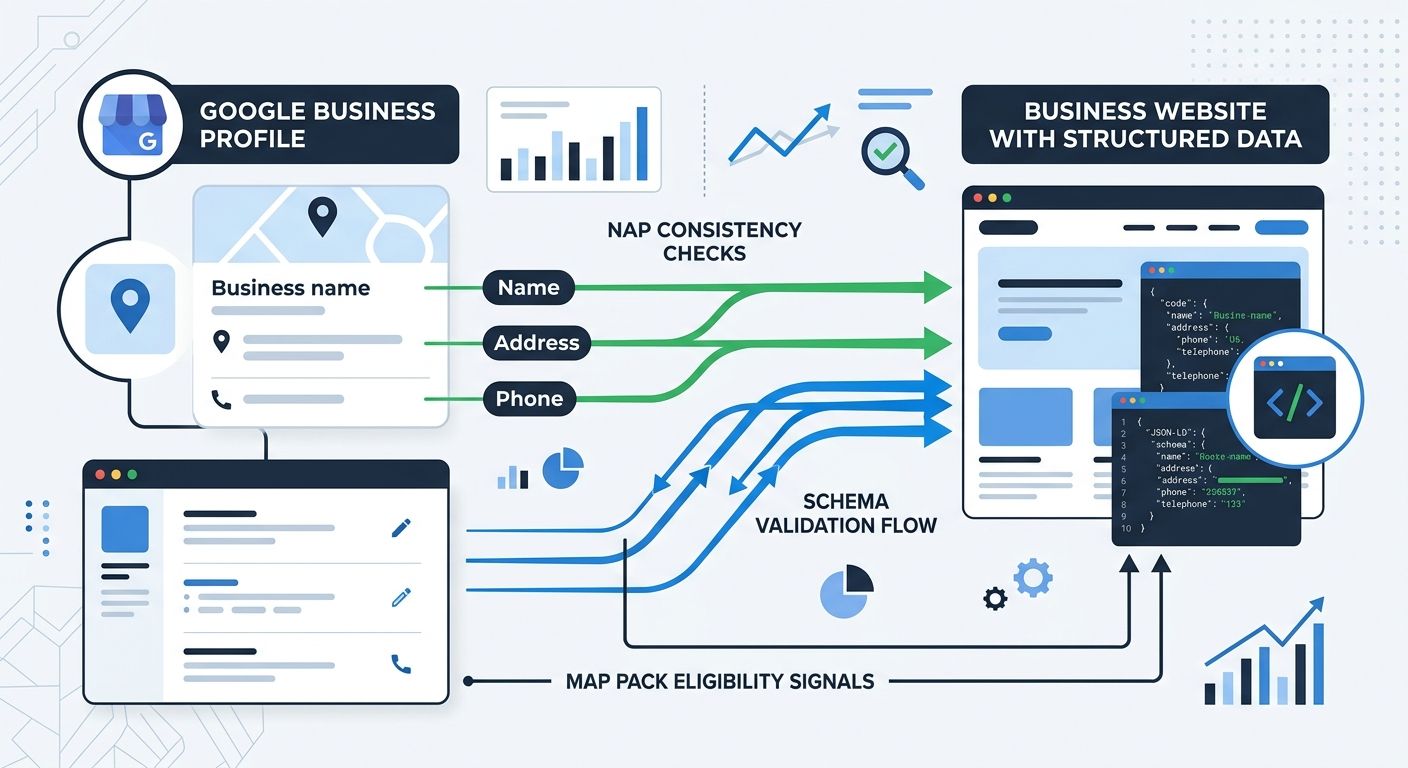 An infographic showing the connection between a Google Business Profile listing and a business website's structured data, with arrows indicating NAP consistency checks, schema validation flow, and map