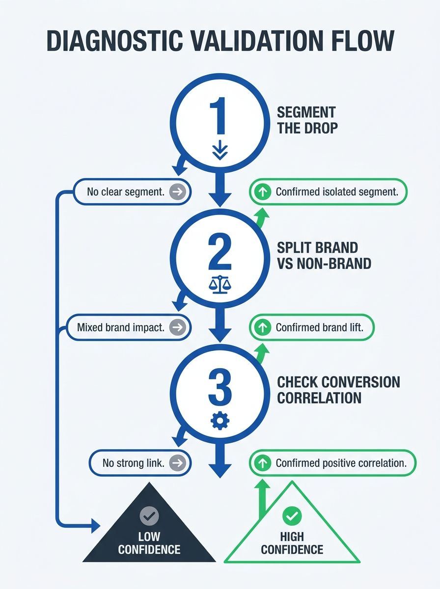 A diagnostic flowchart showing three validation steps (segment the drop, split brand vs non-brand, check conversion correlation) with decision branches leading to different pyramid layers