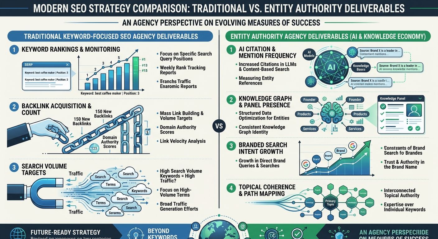 Infographic comparing traditional keyword-focused SEO agency deliverables (keyword rankings, backlink counts, search volume targets) against entity authority agency deliverables (AI citation frequency