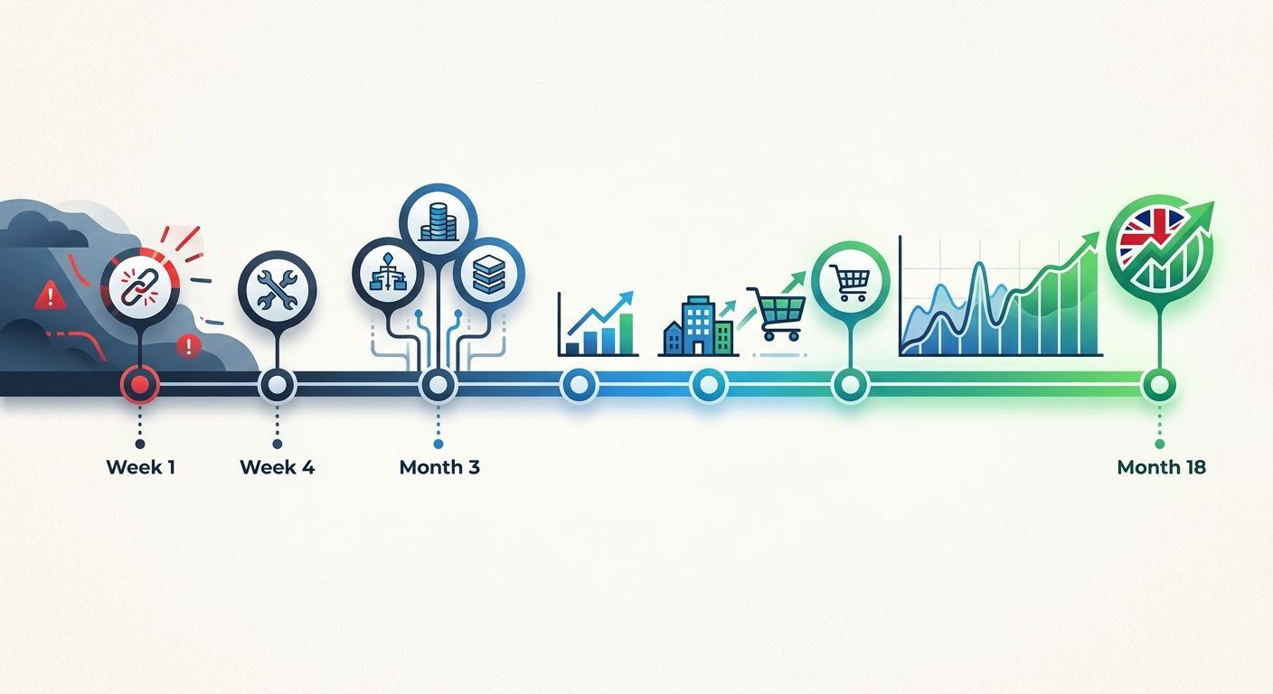 timeline showing the UK retailer's 18-month recovery arc, with key intervention points marked including emergency redirects at week 1, internal link repairs at week 4, content silo reconstruction at m