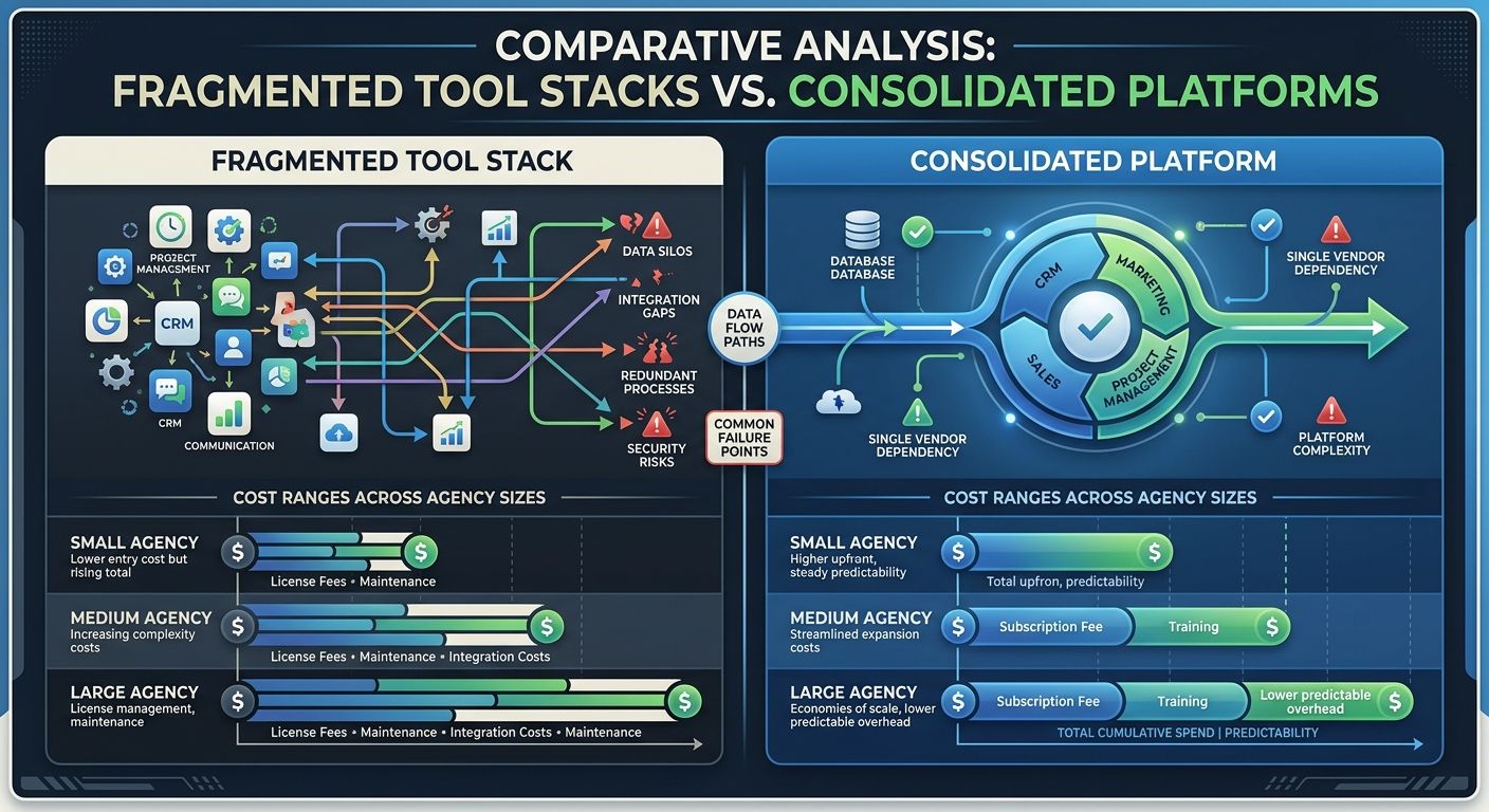 An infographic comparing fragmented tool stacks versus consolidated platforms, showing data flow paths, common failure points, and cost ranges for each approach across different agency sizes